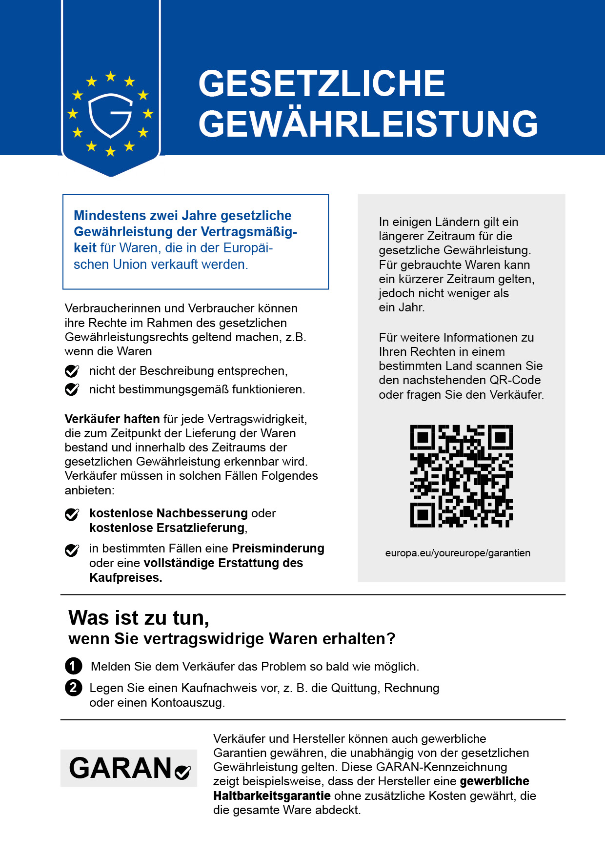 EU-Gewährleistungshinweis (harmonisierte Mitteilung): Gesetzliche Gewährleistung – mindestens zwei Jahre gesetzliche Gewährleistung der Vertragsmäßigkeit für Waren, die in der Europäischen Union verkauft werden. Die vollständige Textfassung steht unterhalb des Bildes.